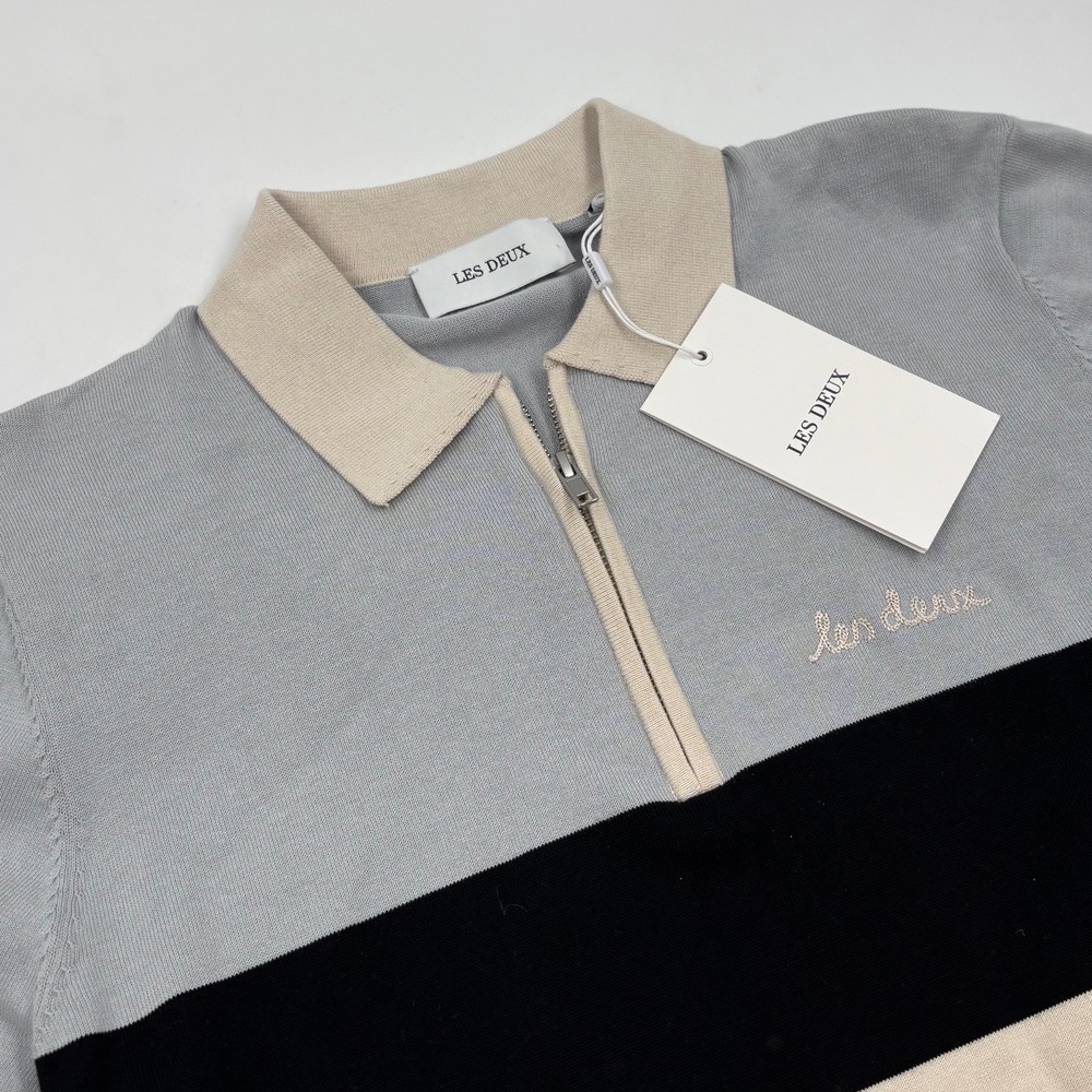 NWT Les Deux Raul Knitted Quarter Zip Mens XS Blue Black Zip Polo